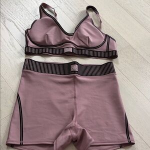 ALO Yoga Dusty Rose Bralette & High-Rise Shorts Set with Black Trim
